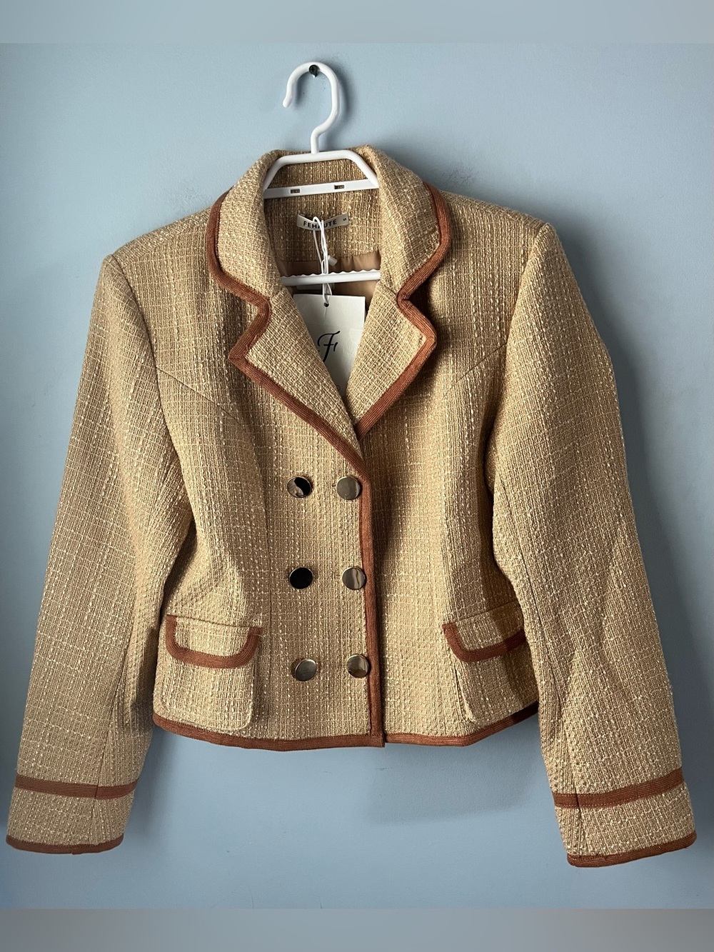 NWT Fehaute Tan Tweed Double-Breasted Blazer Brown Trim Metallic Buttons Size S